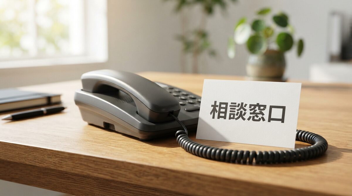 机の上の電話と、「相談窓口」と書かれた札