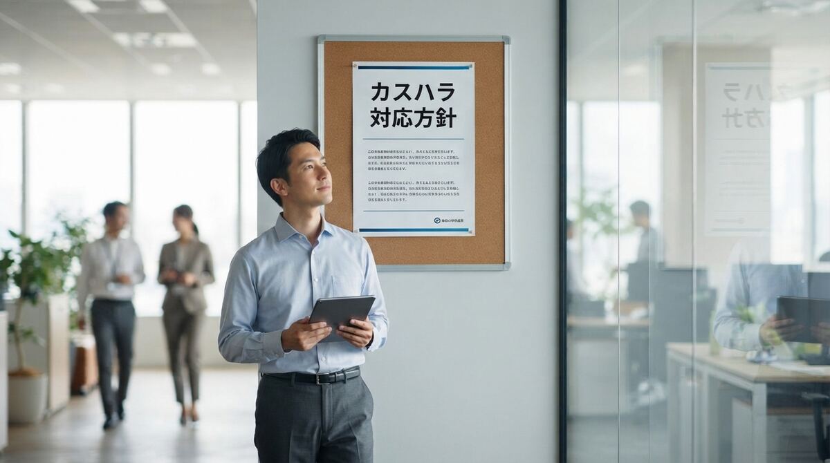 社内掲示板に貼られたカスハラ対応方針のイメージ