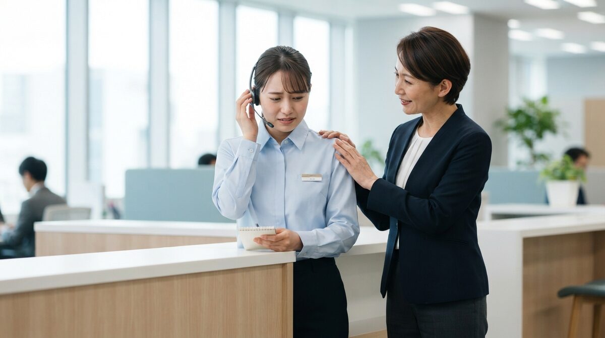 電話対応中の従業員の肩に、上司が手を添えて付き添っている様子