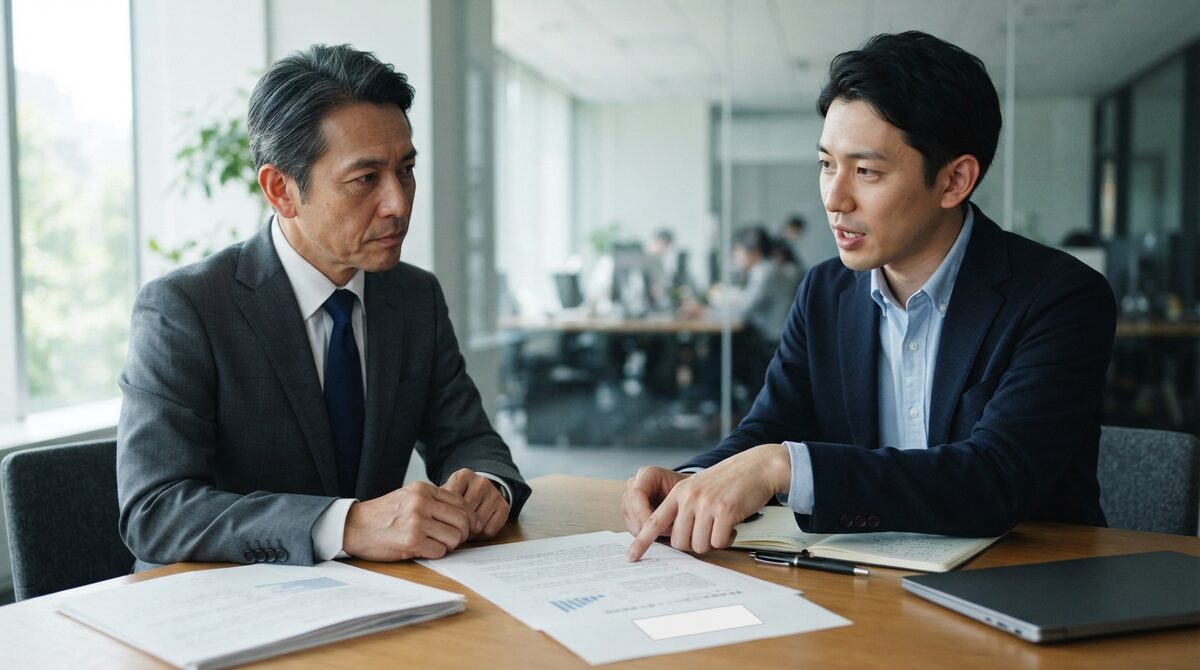 会議室の机で、書類を指さして説明する人と、それを聞く人